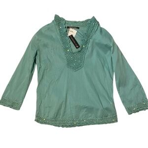 Chaudry Green Crochet Trim Boho Blouse Size Large Embroidered Beaded Top NWT